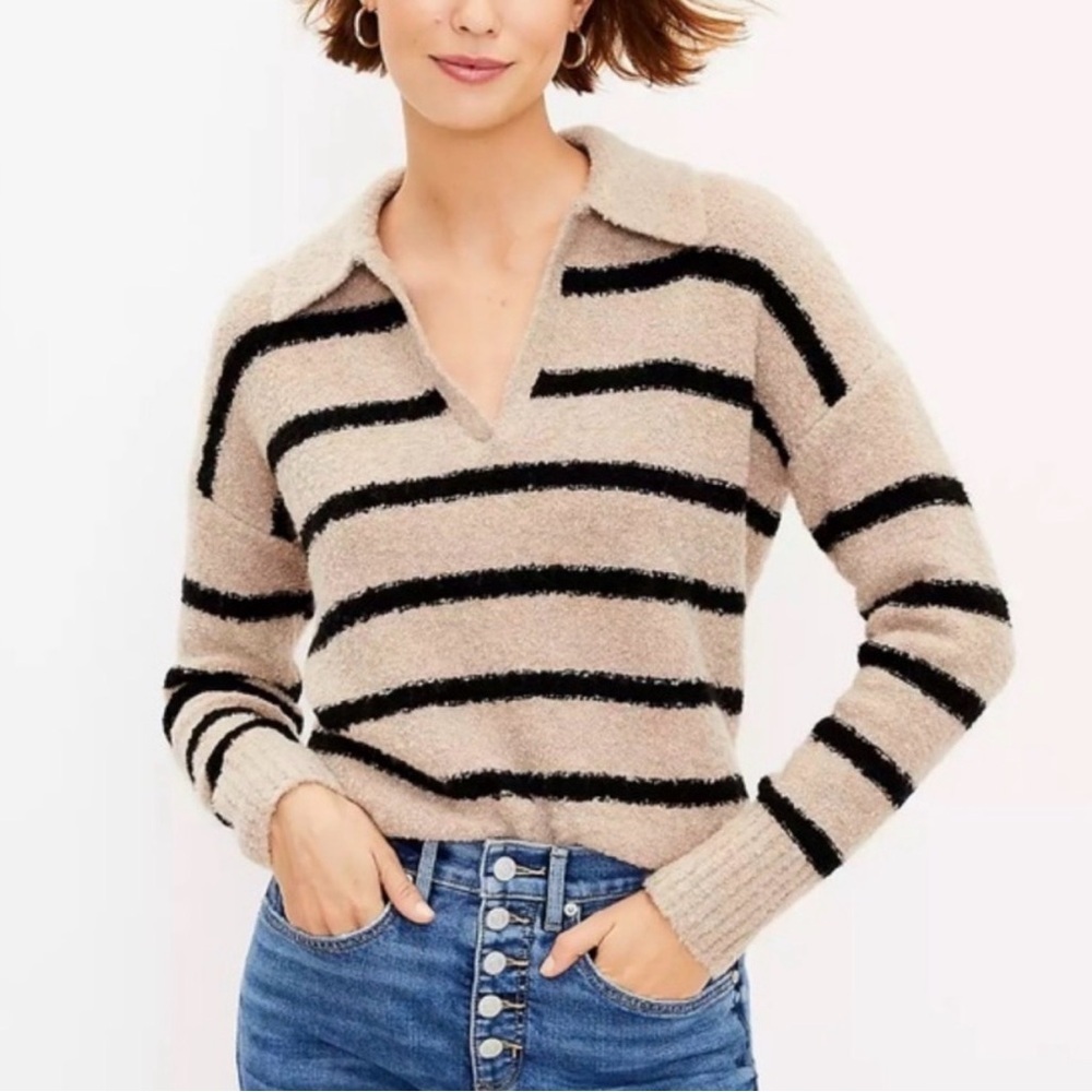 LOFT Beige and Black Collared V‑Neck Stripe Sweater